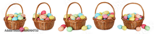 Bright Easter eggs and wicker basket isolated white background, set