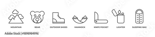 Mountain Escape Icons set vector illustration outline with Mountain, Bear, Outdoor shoes, Hammock, Knife pocket, Lighter, Sleeping bag
