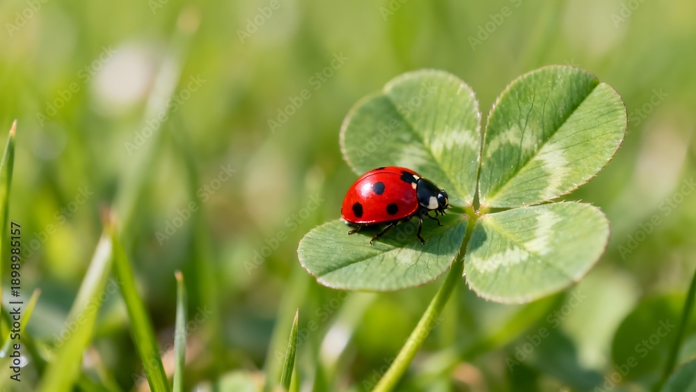 Fototapeta premium Macro Close-up of a Red Ladybug Resting on a Green Four-Leaf Clover