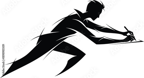 A dynamic black silhouette of a person in a running pose, actively writing with a pen on a surface, conveying speed and productivity.