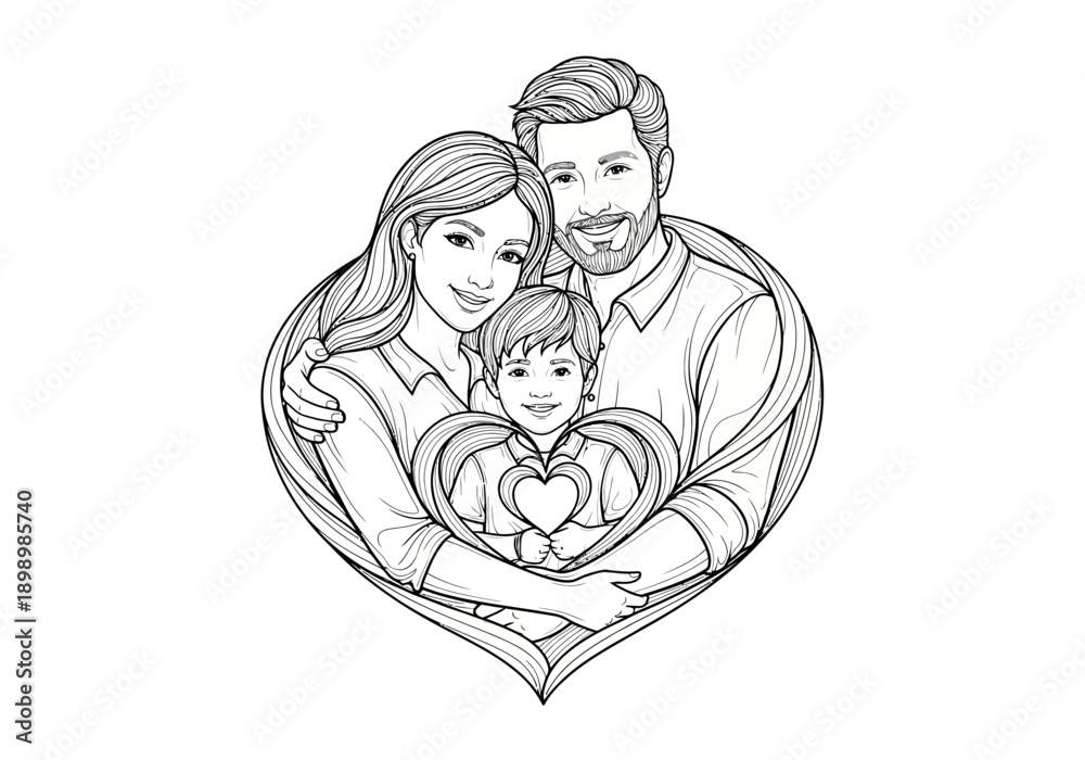 Obraz premium Happy Family Embracing Inside a Heart Shape Outline.
