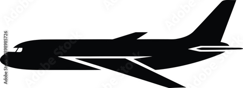 Black silhouette of a passenger airplane in side profile, featuring distinct wings, tail, and cockpit details against a white background, representing air travel and aviation.