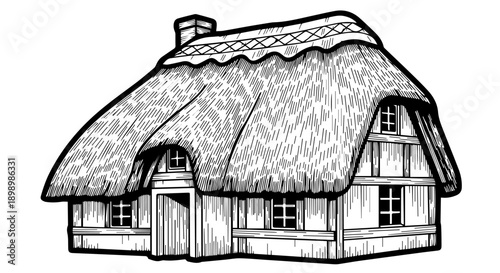 Traditional house with thatched roof in black and white illustration