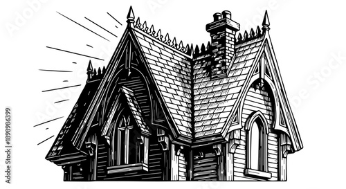 Gothic-style building with steep pointed roofs, arched windows, and decorative spires