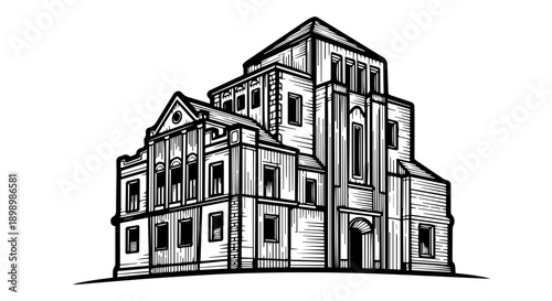 Black and white illustration of a grand historic building with intricate architectural details