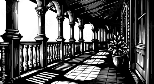 Black and white architectural illustration of a grand corridor with ornate columns and patterned tiled floor
