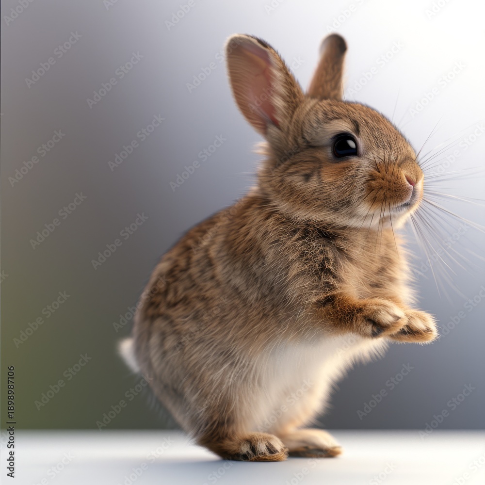 Fototapeta premium Adorable Small Brown Bunny Sitting on Gray Surface.