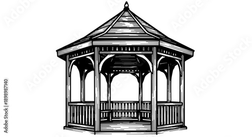 Black and white line art illustration of an octagonal gazebo with a steeply pitched roof and intricate wooden framework