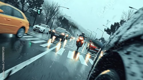 Motorcycle rider navigating rainy city street with traffic and reflections