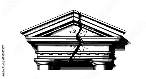 Black and white illustration of a symmetrical tiered temple with a gabled roof and decorative details