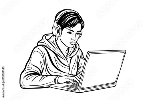 Young person wearing headphones and using a laptop.
