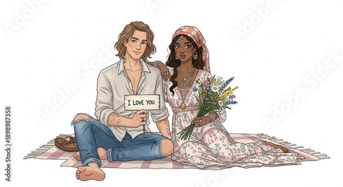 Boho Romantic Couple Sitting with Flowers and Love Sign Illustration