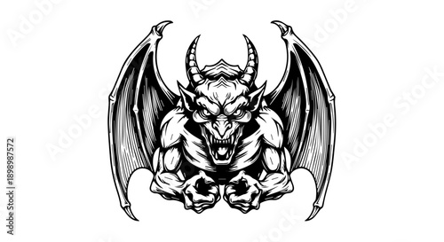 Black and white illustration of a mythical bat-like demonic figure with extended wings in a confrontational stance