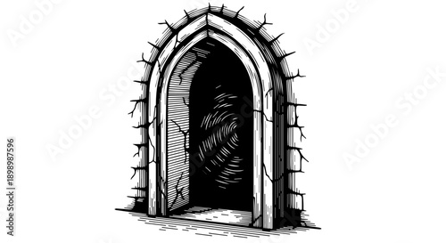 Grand arched doorway with intricate design and spiky elements in black and white