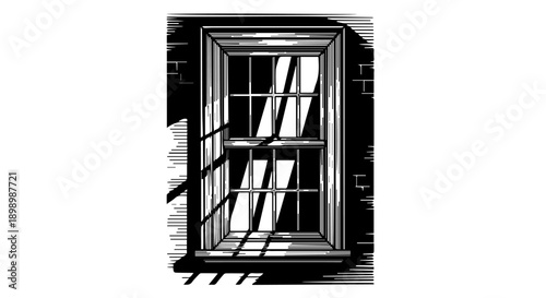 Black and white illustration of a rectangular window with multiple panes and a tilted lower pane