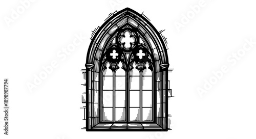 Gothic arched church window line art illustration
