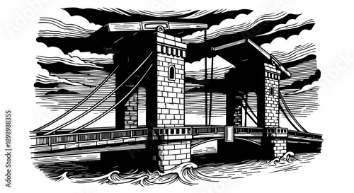 Black and white woodcut-style illustration of a suspension bridge with stone towers and taut cables