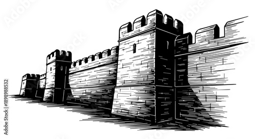 Medieval castle wall with crenellated towers and stone blocks in black and white