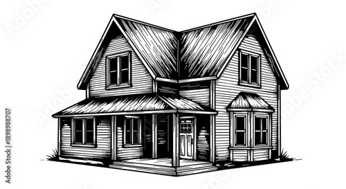 Black and white illustration of a two-story house with a gabled roof and front porch