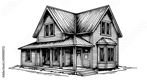 Black and white line drawing of a two-story wooden house with a gabled roof and porch