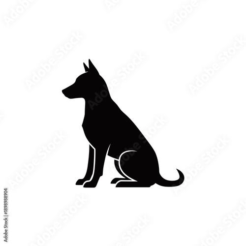 A sleek black silhouette of a dog sitting calmly and looking to the left on a white background.