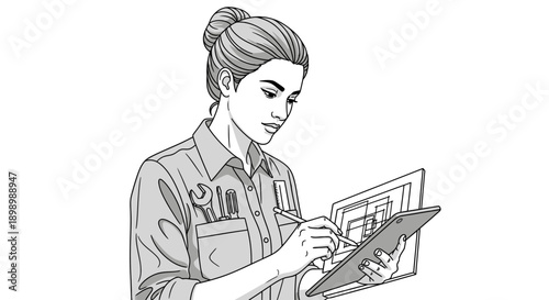Female Technician or Architect Working on Digital Tablet Drawing.