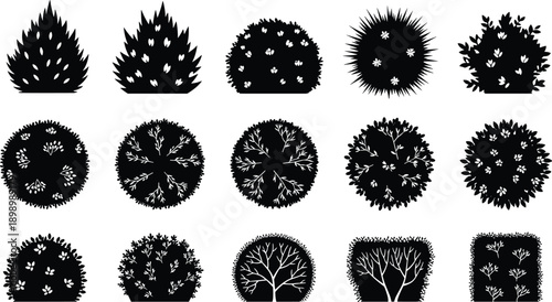 Garden bush and shrub silhouettes collection top view hedge plants botanical landscaping vector set isolated nature design elements