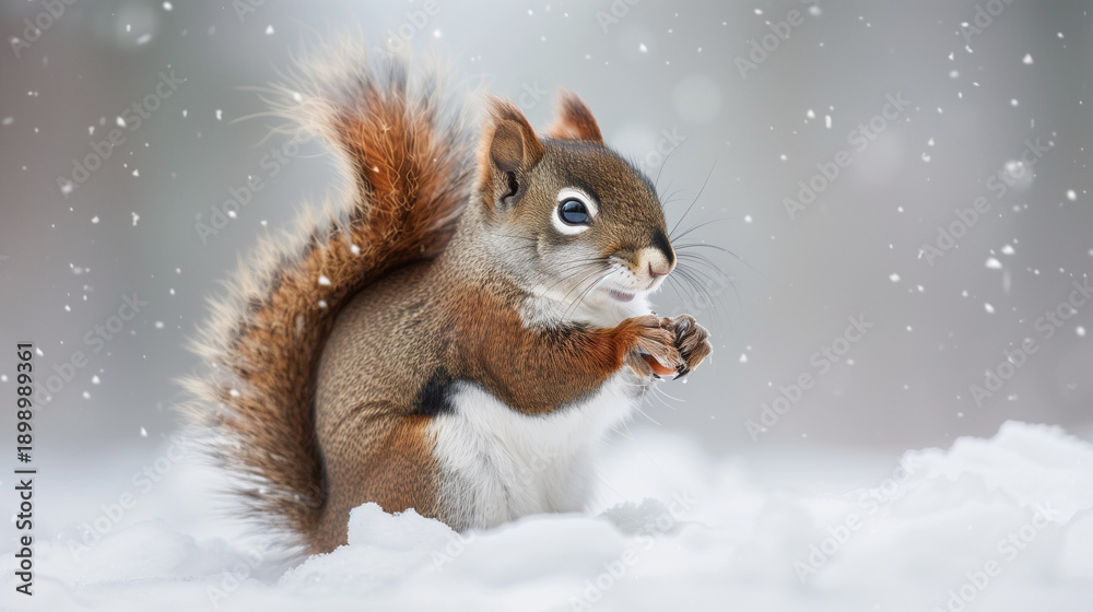 Fototapeta premium Cute Red Squirrel Standing in Snowfall, Winter Wildlife Portrait