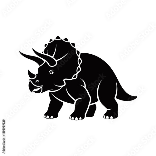 Black silhouette of a triceratops dinosaur with prominent horns and neck frill, depicted in a simple vector style.
