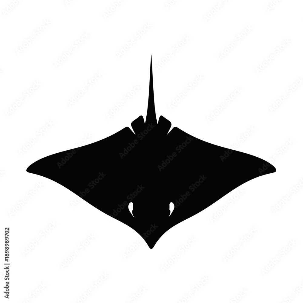 Fototapeta premium A stark black silhouette of a manta ray, showcasing its broad, triangular body and pointed tail against a white background.