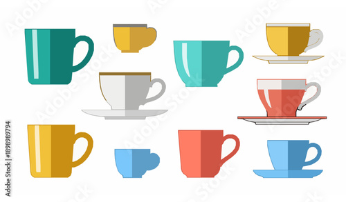 Colorful Tea and Coffee Cups Flat Vector Illustration Set