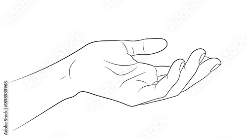 Minimalist black and white line drawing of a human hand in an open and cupped gesture, ready to receive or hold something on a white background.