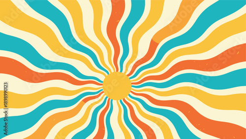 Groovy retro sunburst background with wavy rays in orange, yellow, and teal, centered around a yellow sun to create a vibrant 70s look.