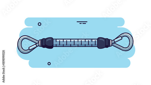 Industrial cable or spring with carabiner hooks on each end presented on a decorative blue cloud background.