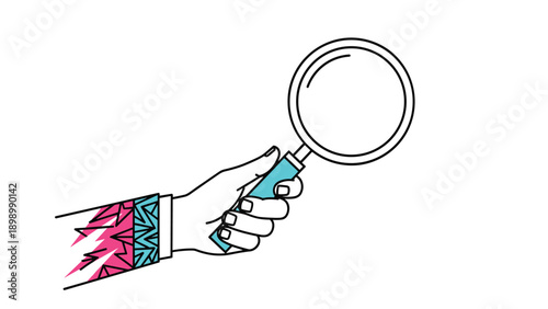 Hand in a colorful patterned sleeve holding up a magnifying glass for search discovery and exploration concepts.