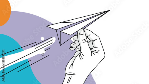 Human hand throwing a white paper airplane against a background of abstract colorful geometric shapes and blobs.