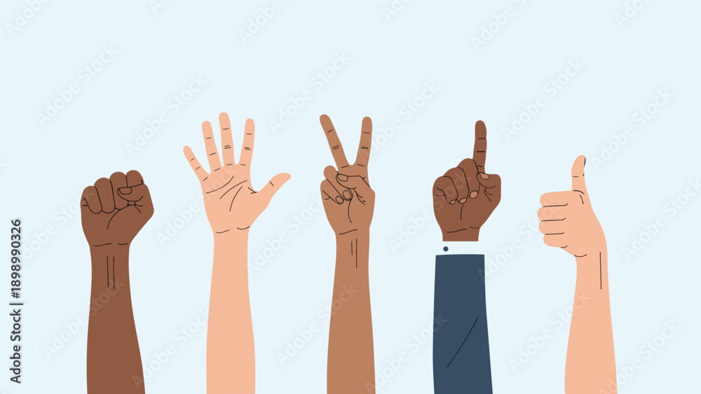 Obraz premium Diverse group of hands showing different gestures and skin tones raised against light blue background for unity.