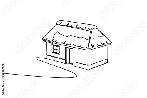 Home clean continuous one line outline illustration of a rustic thatched cottage.