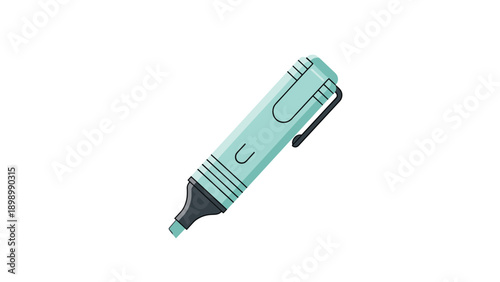Teal colored highlighter pen with cap off showing black felt tip isolated on white background for office supplies.