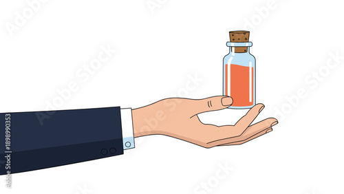 Human hand holding small glass bottle with orange liquid and cork stopper isolated on white for product promo.