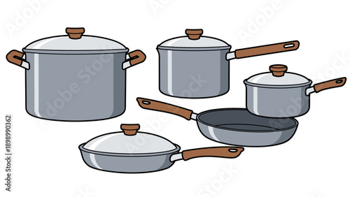 Set of stainless steel cooking pots and frying pans with glass lids. Flat vector illustration of professional kitchen cookware for home cooking and culinary concepts.
