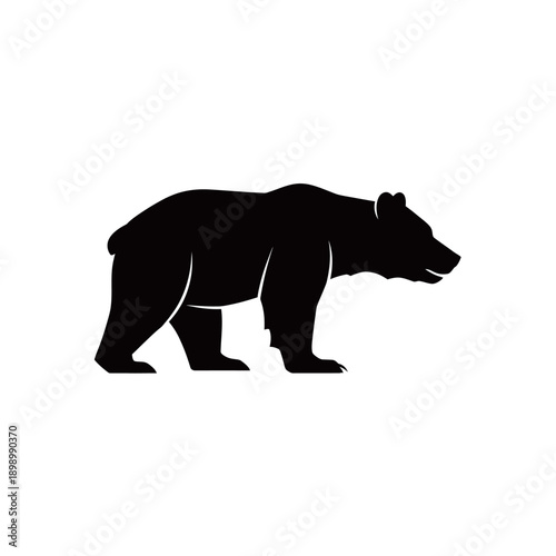 A black silhouette of a bear standing on a white background, facing right.
