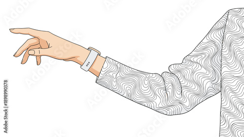 Human arm wearing white smartwatch pointing finger towards left side with patterned sleeve on white background.