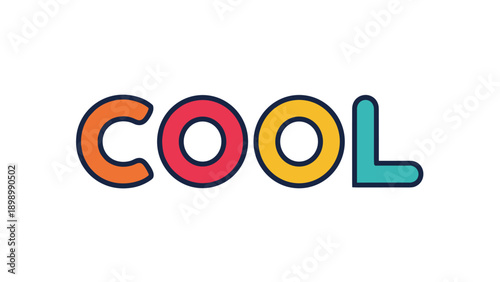 Vibrant typographic design of the word COOL written in rounded, colorful letters with a dark blue outline on a white background.