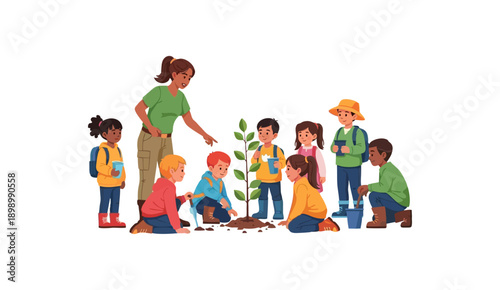 Group of diverse children planting a young tree with their teacher. Concept of environmental education, reforestation, and earth day for kids in flat vector style.