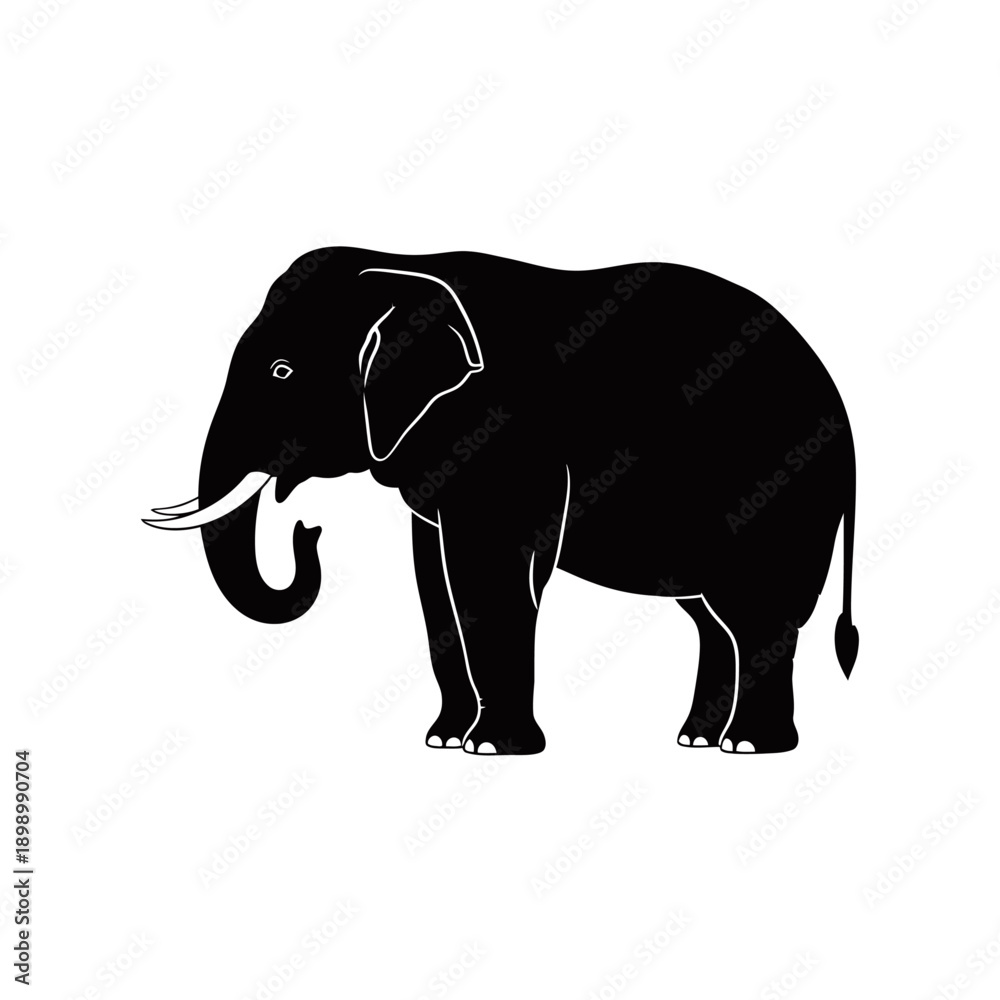 Obraz premium A black silhouette of an elephant with tusks and a curled trunk, standing on a white background.