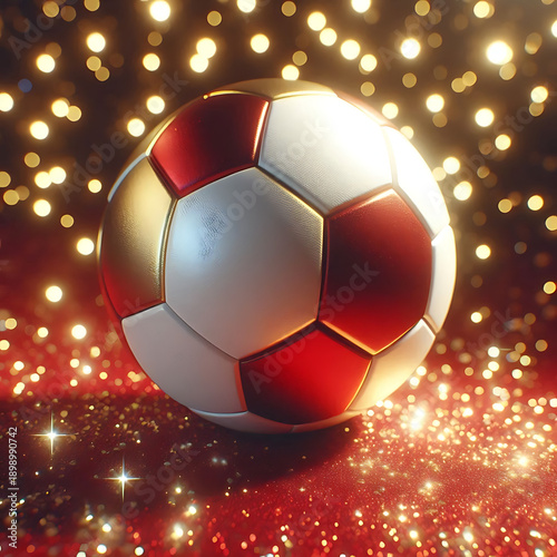 Golden Celebration Soccer Ball on Sparkling Red Stage
