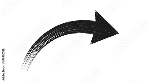 Hand drawn black textured arrow pointing towards the right with a curved stroke for directing attention and emphasis in design.