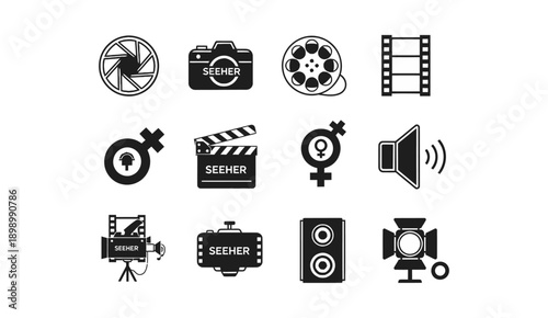Film production and cinema icon set in black flat style. Collection of movie industry symbols including camera, film reel, clapperboard, sound, and lighting.