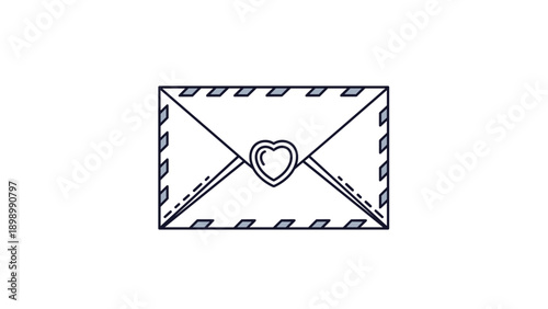 Romantic letter envelope with a heart shaped wax seal and blue striped edges for love letters and valentine greeting cards.